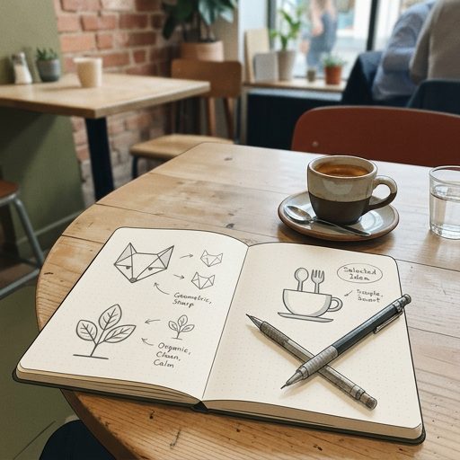 Process shot: sketching logo concepts over espresso....