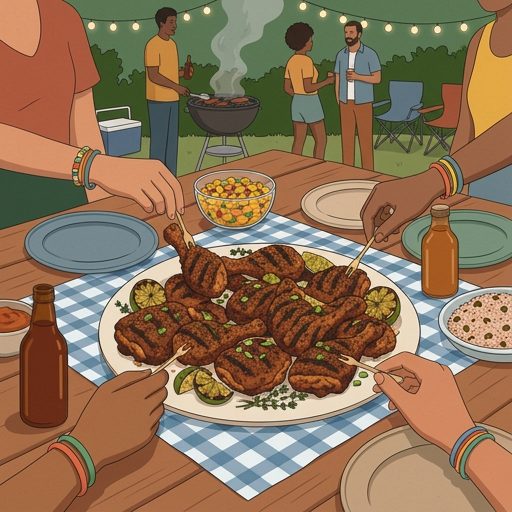 Grilled jerk chicken for the block party crew. Secret...